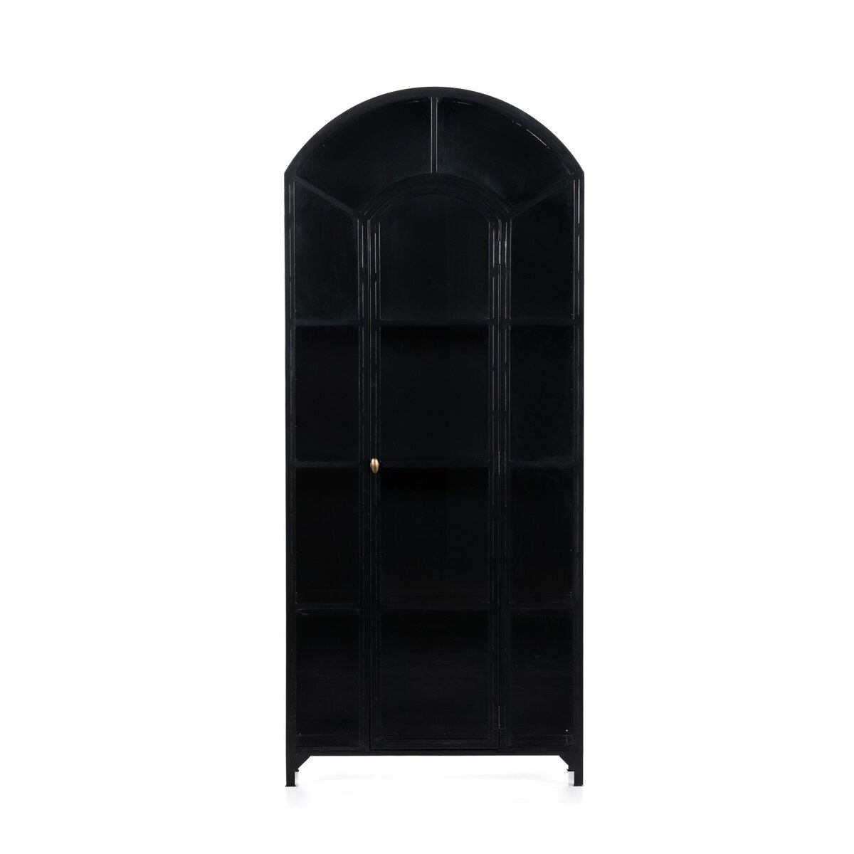 The Belmont Cabinet has an arched iron frame with glass-paneled doors, matte black finish and contrasting brass hardware.