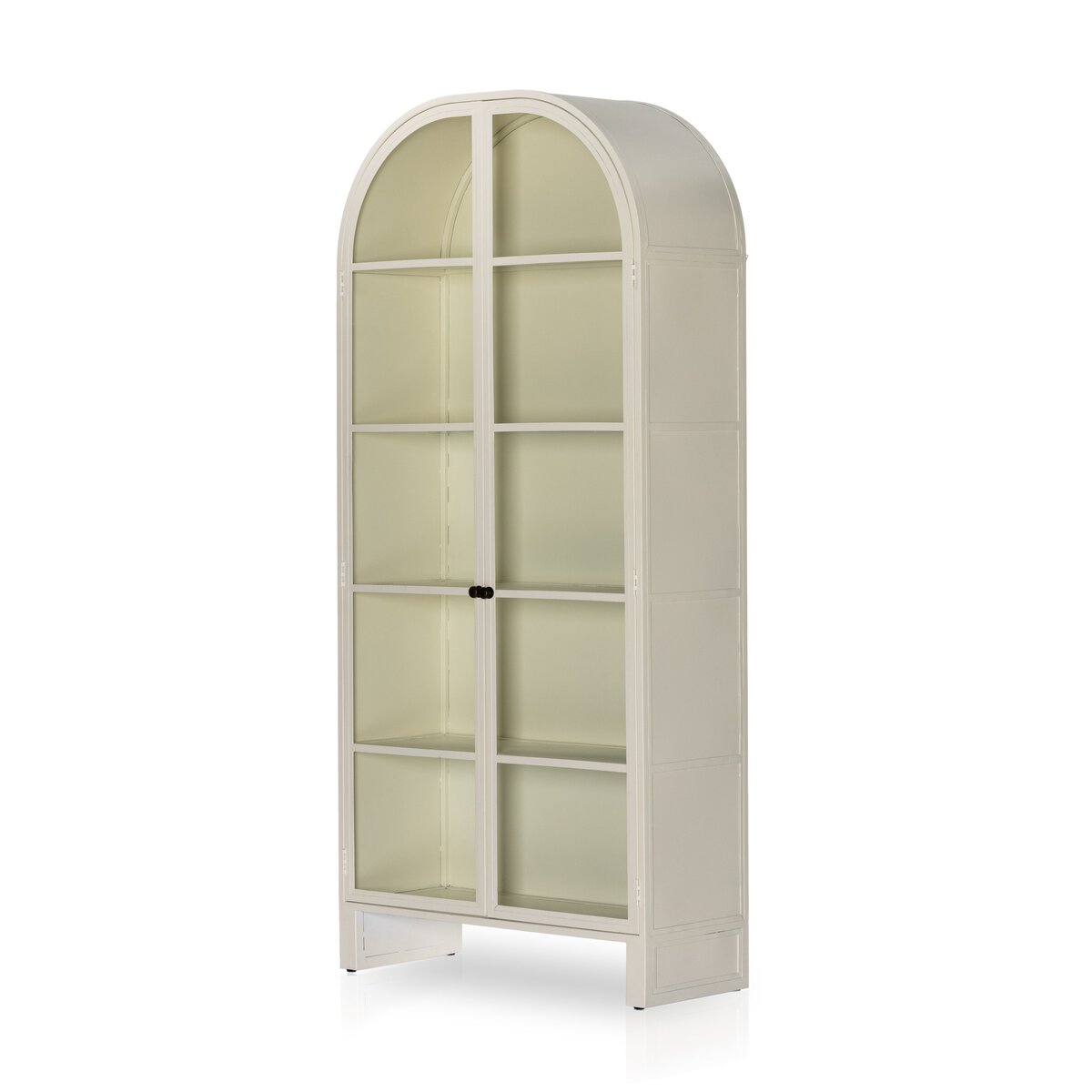 The Breya Cabinet in white finished iron with beautifully arched glass-front doors and ample display space.