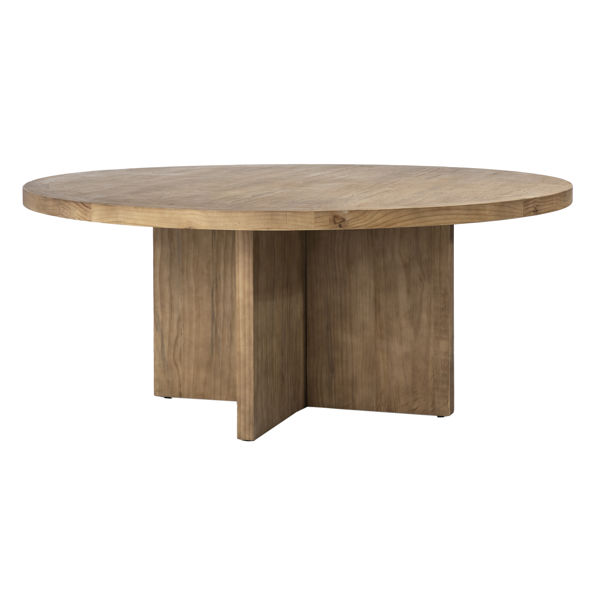 72" Harley Dining Table with round top and X-shaped base in reclaimed pine with a natural finish.