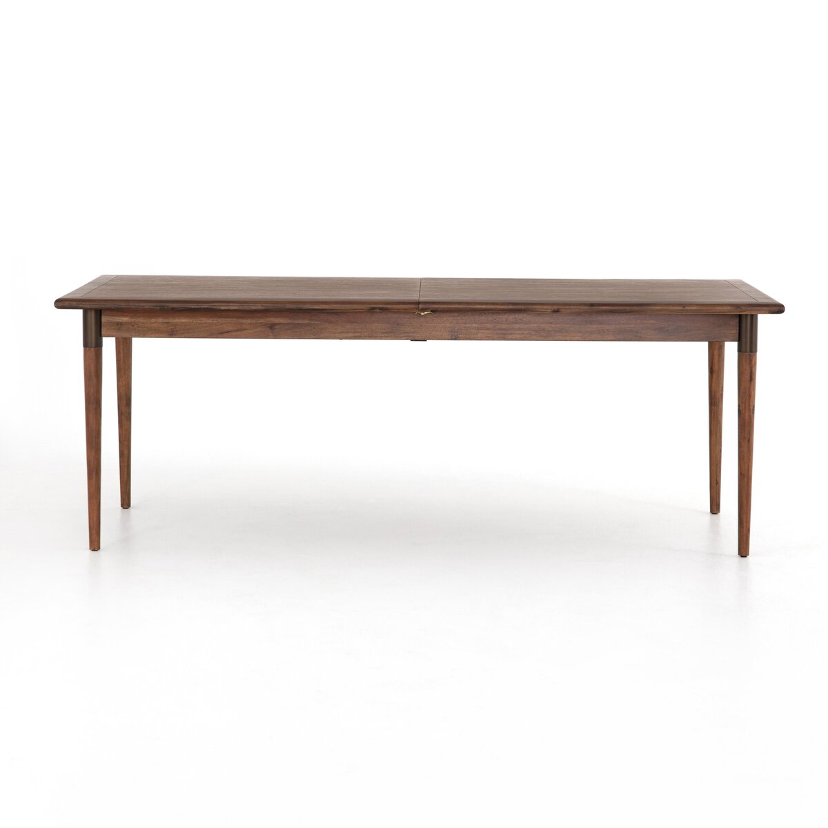 Harper Extension Table with rectangular acacia top in warm toasted walnut with iron detailing. 84" to 104" expansion.