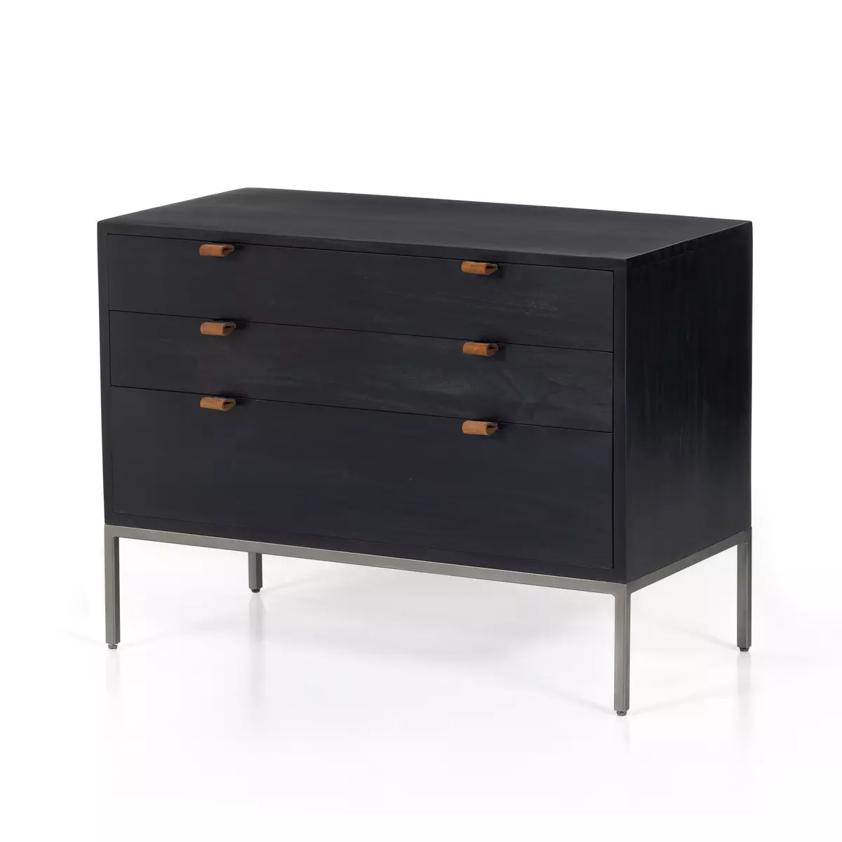 Three-drawer Trey Nightstand in solid poplar with black finish and top-grain leather pulls.