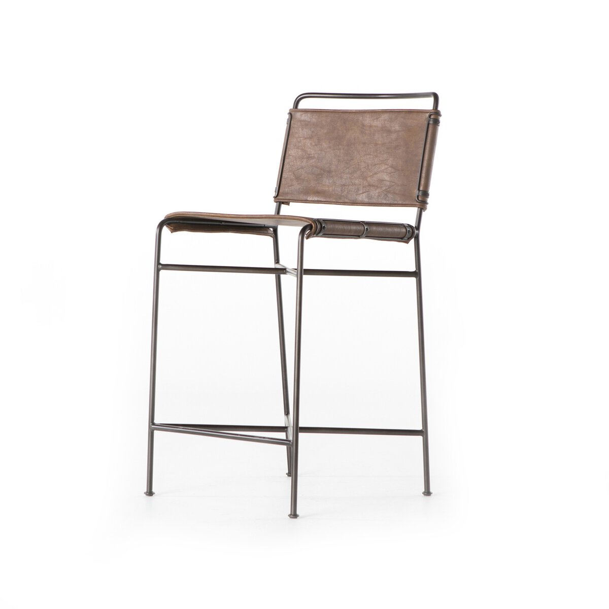 The Wharton Counter Stool combines steel tubing with simply contoured brown faux leather seating.