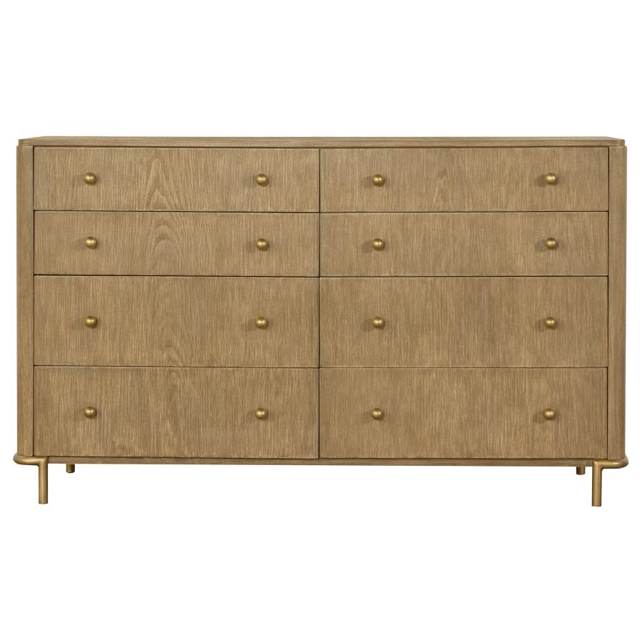 Natural, organic style 8 drawer Arini Dresser in solid wood with sand wash finish and felt lined drawers.